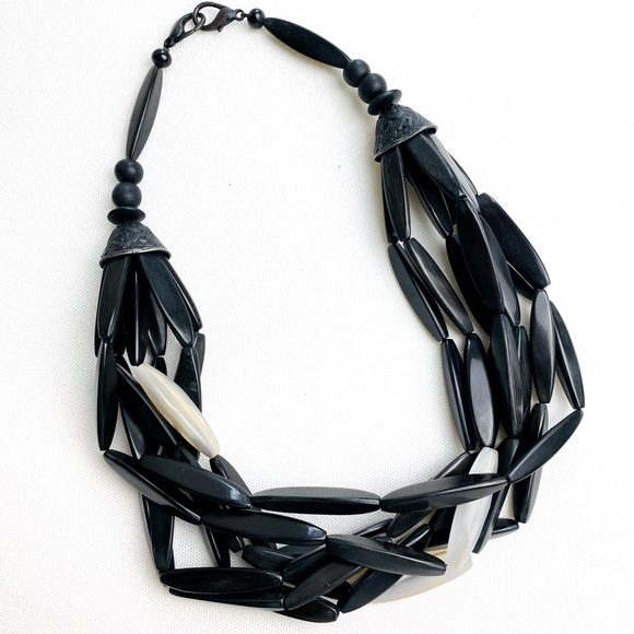 Multi Strand tubular black & ivory beads Statement BOHO Necklace - Picture 1 of 8